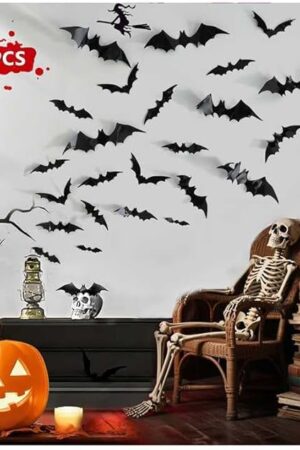 120pcs Halloween Bats Decorations Outdoor Indoor, Halloween Party Supplies, 3D Bat Stickers for Wall Window Home Kitchen Scary Decor (4 Sizes, Black)