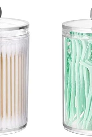 2 Pack Qtip Holder Storage Canister for Cotton Ball, Cotton Swab, Pads, Floss; 10-Ounce Clear Plastic Apothecary Jar with Lid, Bathroom Makeup Organizer (2)