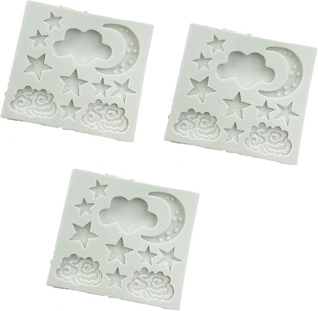 3Pcs White Star Moon Clouds Shaped Silicone Fondant Molds, Candy Chocolate Molds for DIY Cake Fondant Cookie Cloud Fondant Mold Moon For Candy Baking Sugar Cakes Decorating Candy Making Supplies