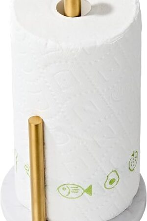 Brushed Gold Paper Towel Holder,Stainless Steel Paper Towel Holder for Kitchen Roll Organize, Standard or Jumbo-Sized Roll Paper, Countertop Roll Dispenser with Marble Base