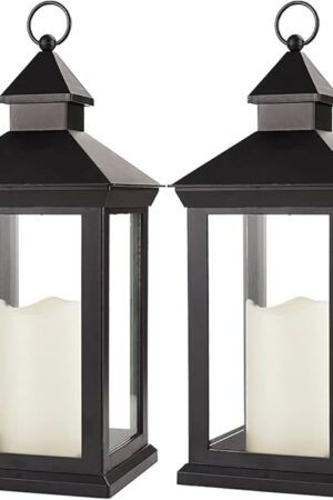 Bright Zeal 2-Pack 14" Decorative Candle Lantern Black Outdoor Lanterns with Timer Candles - IP44 Waterproof Vintage Lanterns Battery Powered LED Decorative for Wedding - Warm White Hanging Wall
