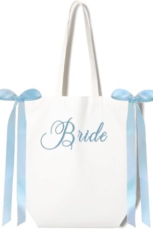Bride Canvas Tote Bag White Blue Satin Bows Bachelorette Party Decorations Bride To Be Purse Accessory Bridesmaid Gift Bridal Shower Supplies Engagement Party Favor