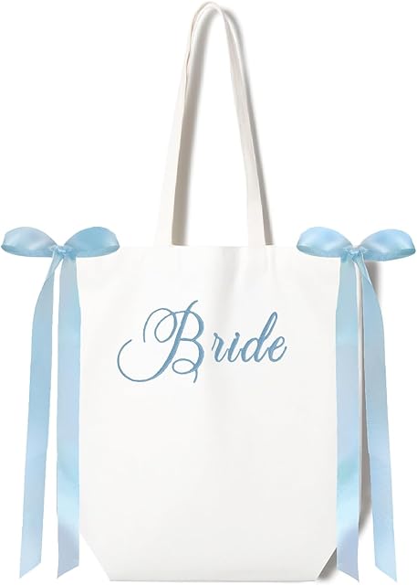 Bride Canvas Tote Bag White Blue Satin Bows Bachelorette Party Decorations Bride To Be Purse Accessory Bridesmaid Gift Bridal Shower Supplies Engagement Party Favor