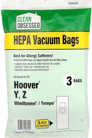 Clean Obsessed H-10 HEPA Bags Fits Hoover Type Y, Z Windtunnel & Tempo - 3 Cloth-Like HEPA Bags per package