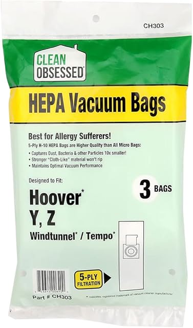 Clean Obsessed H-10 HEPA Bags Fits Hoover Type Y, Z Windtunnel & Tempo - 3 Cloth-Like HEPA Bags per package