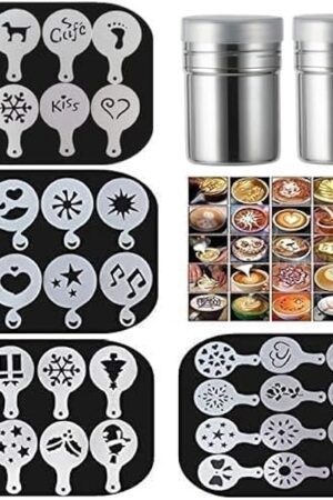 36 Coffee Decorating Stencils + 2 Stainless Steel Mesh Powder Shaker, Magnoloran Foam Latte Art Stencils Barista Templates for Decorating Oatmeal Cupcake Cake Cappuccino Mousse Hot Chocolate