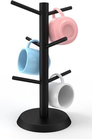Black Coffee Mug Holder, Non-Slip Cup Tree With 6 Hooks for Counter, Rack (Black)