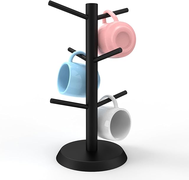 Black Coffee Mug Holder, Non-Slip Cup Tree With 6 Hooks for Counter, Rack (Black)