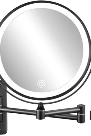 DECLUTTR Rechargeable Wall Mounted Lighted Makeup Mirror, 8 inch 10X Magnifying Mirror with 3 Color Lights, Dimmable Touch Screen Makeup Mirror with Lights for Bathroom, Black