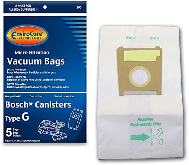 EnviroCare Replacement Micro Filtration Vacuum Cleaner Dust Bags Designed to Fit Bosch Type G Compact Series and Formula Series Canisters. 5 Pack