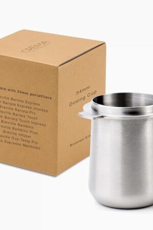 Crema Coffee Products | 54mm Dosing Cup | Brushed Silver | 100% Stainless Steel | Espresso Coffee Dosing Cup | Fits 54mm Breville Portafilters