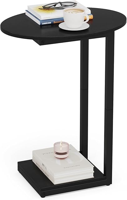 Hosfais Small Side Table End Table, C-Shaped Wood Coffee Table TV Tray for Eating Couch Tables for Small Space, Living Room, (Black)