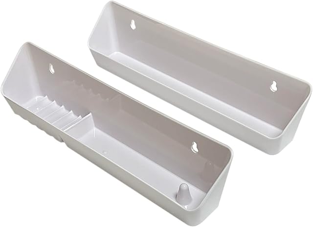 Bueyfolt 14" Kitchen Sink Front Tip-Out Accessory Trays with Mounting Screws, White, 2 Pack (Conventional Open Tray and Accessory Tray with Ring Holder and Soap Dish) Hinges are Not Included