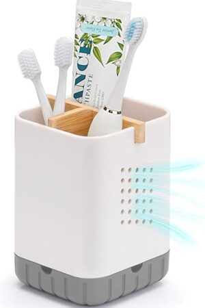 Boperzi Toothbrush and Toothpaste Holder with Bamboo Divider for Bathroom Countertop Organizer, Plastic Detachable Anti-Slip Large Electric Toothbrush Holders Storage Caddy Drainage for Family, Kids