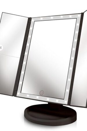 Backlit Makeup Vanity Mirror 36 LED Lights Touch-Screen Light Control, Tri-Fold 1/2/3X Magnification, Portable High-Definition Cosmetic Magnifying Personal Makeup Mirrors (Midnight Black)