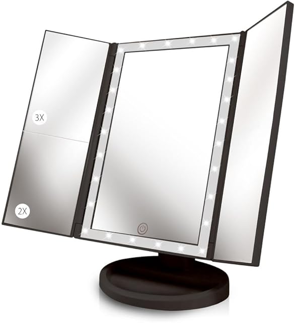 Backlit Makeup Vanity Mirror 36 LED Lights Touch-Screen Light Control, Tri-Fold 1/2/3X Magnification, Portable High-Definition Cosmetic Magnifying Personal Makeup Mirrors (Midnight Black)