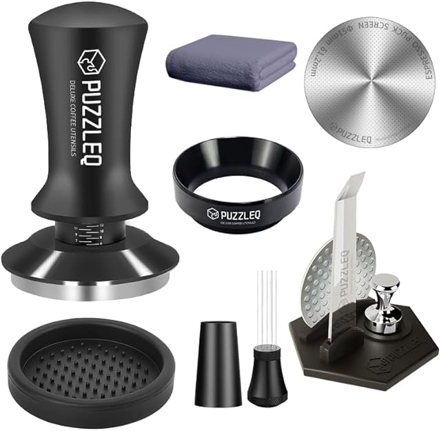 51mm Espresso Accessories Kit, Spring Loaded Calibrated Tamper,mat,WDT Tool,Dosing Funnel,Puck Screen kit,Basket Removal Tool ,Cleaning ClothSet, Fits Espresso Coffee Machines and 51 mm Portafilters