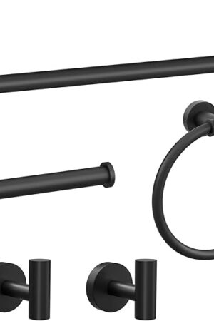 Bathroom Accessory Towel Bar Set: 5 Pieces Matte Black Bathroom Hardware - SUS304 Stainless Steel Wall Mounted Towel Rack&Toilet Paper Holder&Towel Ring&Towel Hook