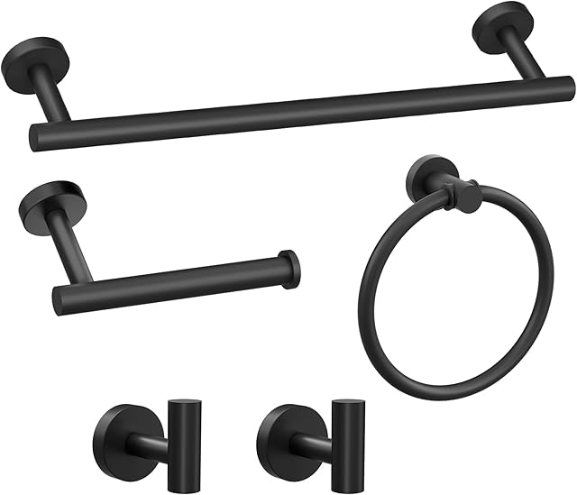 Bathroom Accessory Towel Bar Set: 5 Pieces Matte Black Bathroom Hardware - SUS304 Stainless Steel Wall Mounted Towel Rack&Toilet Paper Holder&Towel Ring&Towel Hook