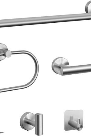 7 PCS Bathroom Hardware Set, Brushed Nickel Stainless Steel Bathroom Tower Rack Set Wall Mounted Includes 16" Towel Bar, Toilet Towel Paper Holder, Towel Ring, 4 Robe Towel Hooks