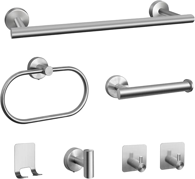 7 PCS Bathroom Hardware Set, Brushed Nickel Stainless Steel Bathroom Tower Rack Set Wall Mounted Includes 16" Towel Bar, Toilet Towel Paper Holder, Towel Ring, 4 Robe Towel Hooks