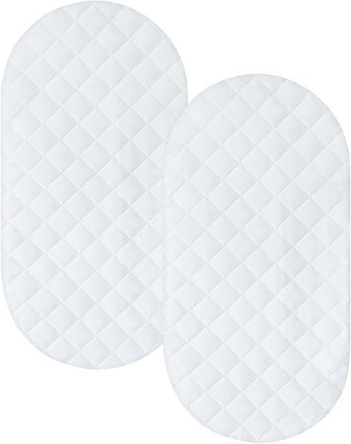 Bassinet Mattress Pad Cover Fit for Hourglass/Oval Bassinet Mattress, Waterproof Bassinet Mattress Protector Quilted Bassinet Sheets (32"x17") 2 Pack for Boys Girls, White