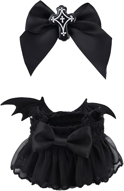 The 17cm Doll Clothes Set, Cute Halloween Devil Costume Includes Wings Skirt Bow Hair Clip Halloween Themed Accessories for 15cm/17cm Toy Figure Decoration (Black)