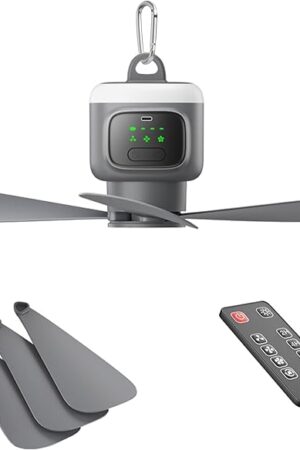 18' Portable Ceiling Fan with Light for Patio Canopy Tent Porch RV, 4 Speed Adjustment with Lighting, 8 Hours Timer & Use Time Up to 30H, 12000mAh Battery -operated Ceiling Fan with Remote