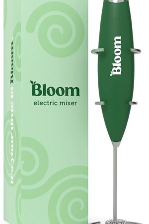 Bloom Nutrition Milk Frother, Hand Mixer, Electric, Handheld Drink Stirrer, Frothing Wand, Foam Maker for Coffee, Matcha, Protein, Greens, Stainless Steel, Battery Operated, Includes Whisk Stand