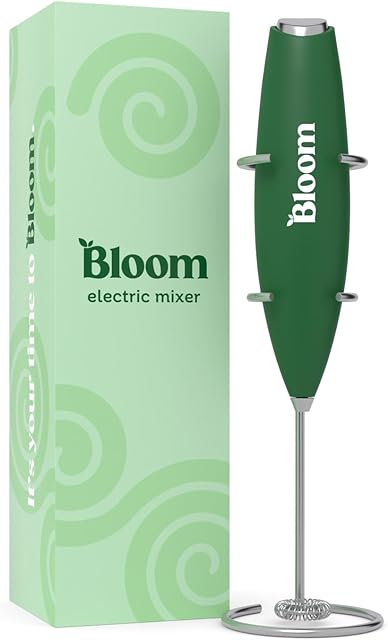 Bloom Nutrition Milk Frother, Hand Mixer, Electric, Handheld Drink Stirrer, Frothing Wand, Foam Maker for Coffee, Matcha, Protein, Greens, Stainless Steel, Battery Operated, Includes Whisk Stand