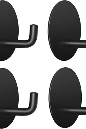 Adhesive Hooks for Bathrooms, 4 Piece Towel Hooks for Hanging Hat Robe Coat, Stick on Hooks for Kitchens, Strong Self-Adhesive No Damage Waterproof Stainless Steel Sticky Hook (Black)