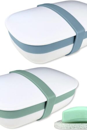 2Pack Travel Soap Holders, Soap Bar Box Dish Container Case, with Sponge Saver& Band, for Gym, Travel (Blue & Green)