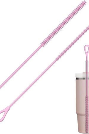 YOTIME Silicone Straw Cleaner Brush, 2Pcs Reusable Straw Brush Extra Long for Cleaning Tumbler with Handle and Glass Metal Smoothie Straws, Non-slip Handle Soft and Bendable, 6mm+9mm, Pink