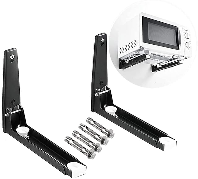 304 Stainless Steel Microwave Mount Bracket, Retrackable Foldable Microwave Oven Wall Mounted Stand Holder Rack Bracket for Home Kitchen Accessories, Black