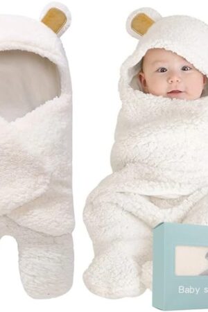 BlueMello Baby Bear Swaddle Blanket Ultra-Soft Plush 0-6 Months White