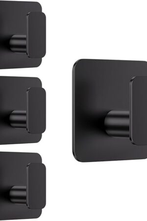 Black Hooks for Hanging Heavy Duty, Adhesive Hooks for Shower, Bathroom, Kitchen, Robe, Towel, Coat, Waterproof & Rustproof Hook for Walls No Damage, Stainless Steel Sticky Hook - 4 Pack