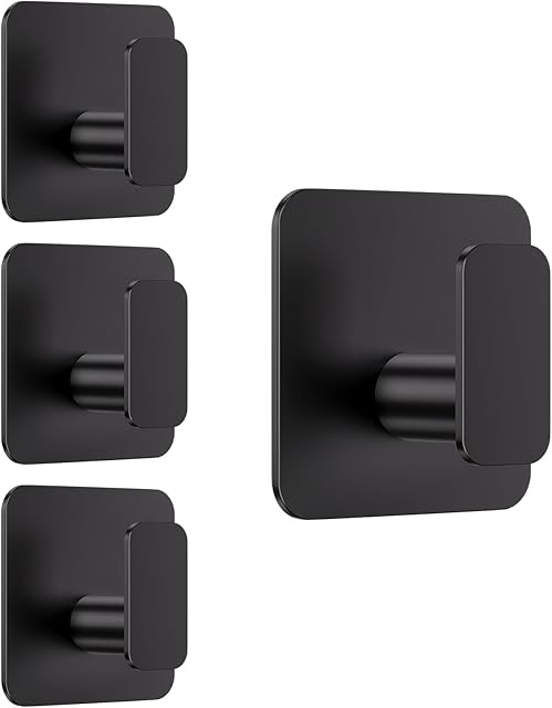 Black Hooks for Hanging Heavy Duty, Adhesive Hooks for Shower, Bathroom, Kitchen, Robe, Towel, Coat, Waterproof & Rustproof Hook for Walls No Damage, Stainless Steel Sticky Hook - 4 Pack