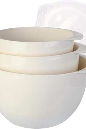 3 Plastic Mixing Bowls with Pour Spout,Lids and TPR Non-Slip Bottom,3Qt,2Qt,1.5Qt,Nesting Bowl Set for Kitchen Prep,Baking,Storage,Batter,Small,BPA free,Dishwasher Safe,Easy to Grip,White