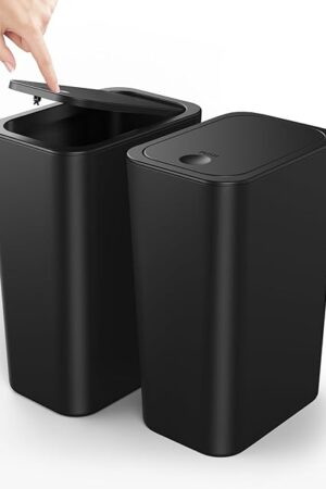 Cesun 2 Pack Bathroom Trash Can, 4.0 Gallon / 15 Liter Small Garbage Can with Press Top Lid, Plastic Wastebasket with Pop-up Lid for Toilet, Office, Bedroom, Living Room, Black