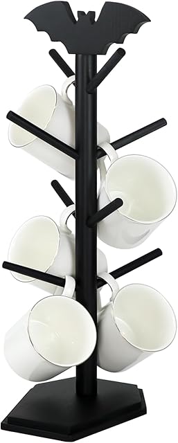 Bat Mug Holder Tree - 8 Hooks Coffee Mug Rack - Gothic Home Decor Wood Coffee Mug Tree for Countertop - Coffee Cup Holder for Halloween Kitchen Organizer & Coffee Bar Accessories, Black
