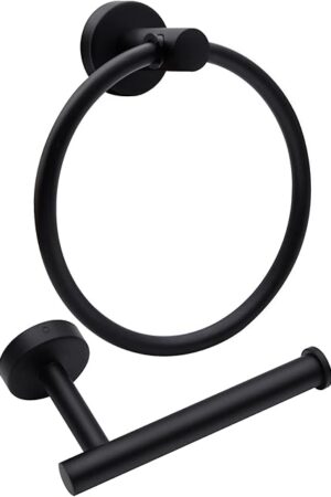 Black Toilet Paper Holder and Towel Ring Set, Sturdy Bathroom Hardware Set, Stainless Steel Hand Towel Holder and Towel Hanger with Hardware Pack, for Bathroom Kitchen (2pcs Matte Black)
