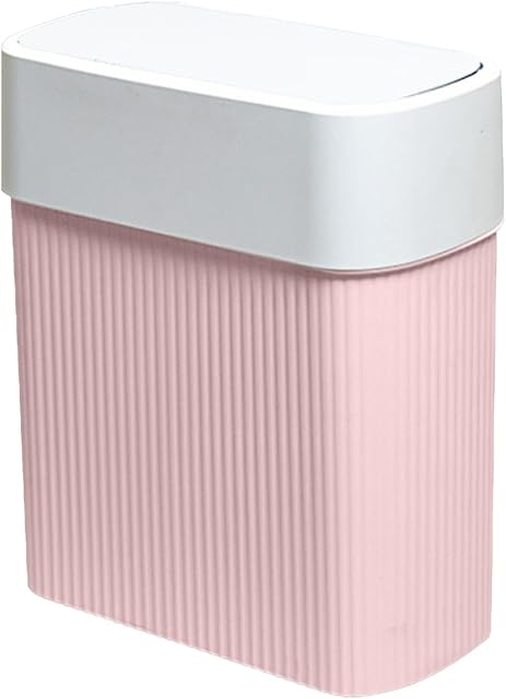 Bathroom Trash Can with Lid, 12L Small Plastic Garbage Can for Kitchen with Press Top Lid, 3.2 Gallon Slim Dog Proof Wastebasket Trash Bin for Office, Bedroom, Living Room, Home Cabinet-Pink