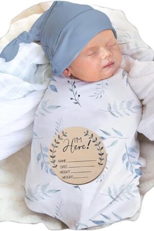 Ylsteed Baby Swaddle Blanket and Headband Set, Newborn Receiving Blanket Swaddle Wrap for Girls and Boys, Swaddling Blankets Neutral for Newborn， Soft and Skin-Friendly 32 * 32 inches (Blue Leaves)