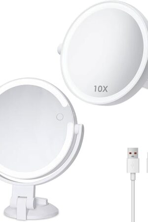 1X 10X Magnifying Shower Mirror with Lights, Rechargeable Lighted Manification Shaving Mirror No Drilling Locking Suction Mount, Double Sided 360° Bathroom Mirror for Men, Tabletop Makeup Mirror