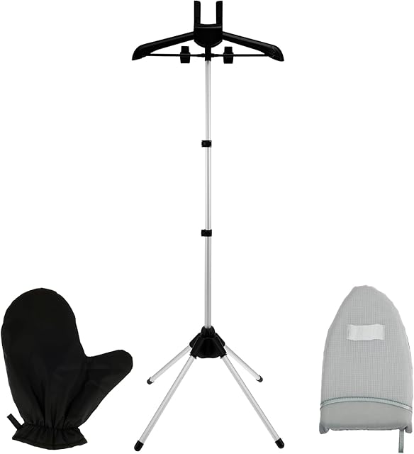 Steamer Stand for Clothes, Foldable Rotatable Garment Hanger for Steaming Clothes, Adjustable Height Steam Iron Stand Rack with Ironing Board and Glove for RV, Home, Hotel (Black)