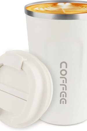 12 oz Stainless Steel Vacuum Insulated Tumbler Coffee Travel Mug | Spill Proof with Lid | White | Thermos Cup for Hot/Ice Coffee, Tea and Beer