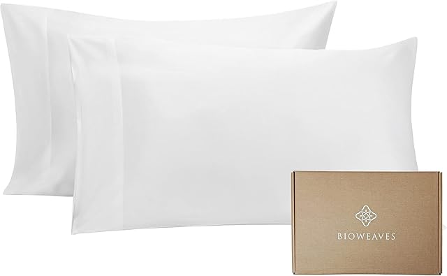BIOWEAVES 100% Organic Cotton Pillow Cases 300 Thread Count Soft Sateen Weave GOTS Certified – Standard/Queen Size, Set of 2, White