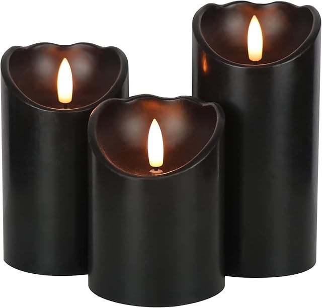 Eldnacele Black Flameless Flickering Candles with 6H Timer, 3D Wick Realistic Battery Operated Real Wax LED Pillar Candles Set of 3 Home Wedding Party Halloween Decoration(D3? x H4?5?6?)
