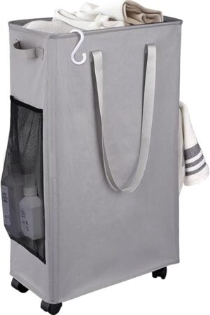 75L Foldable Laundry Basket with Wheels -Slim Laundry Clothes Sorters Space-Saving Hamper for Dorm, Corner – Grey