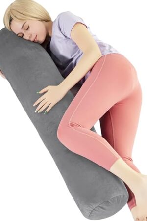 Body Pillow for Adults, Bolster Pillow with Removable Velvet Cover, Long Round Cervical Roll Pillow (Grey, 47 inch)